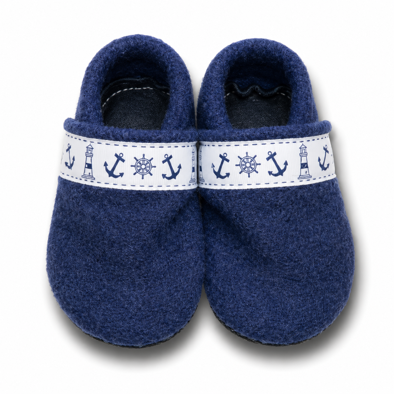 Wollwalk-Puschen Blau mit Anker